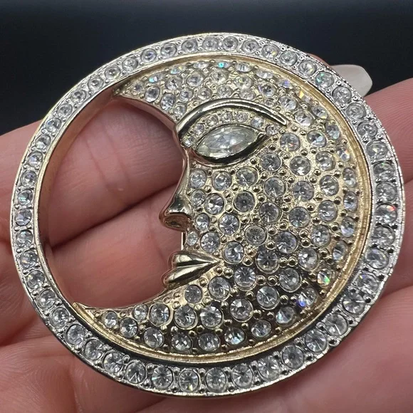 Rare Limited Edition Carolee Gold and Silver Tone Crystal Moon Brooch - Picture 2 of 4